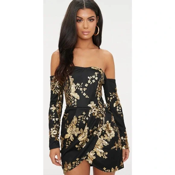 pretty little thing sequin bodycon dress Gold Sheer Sequin Bandeau Bodycon Dress